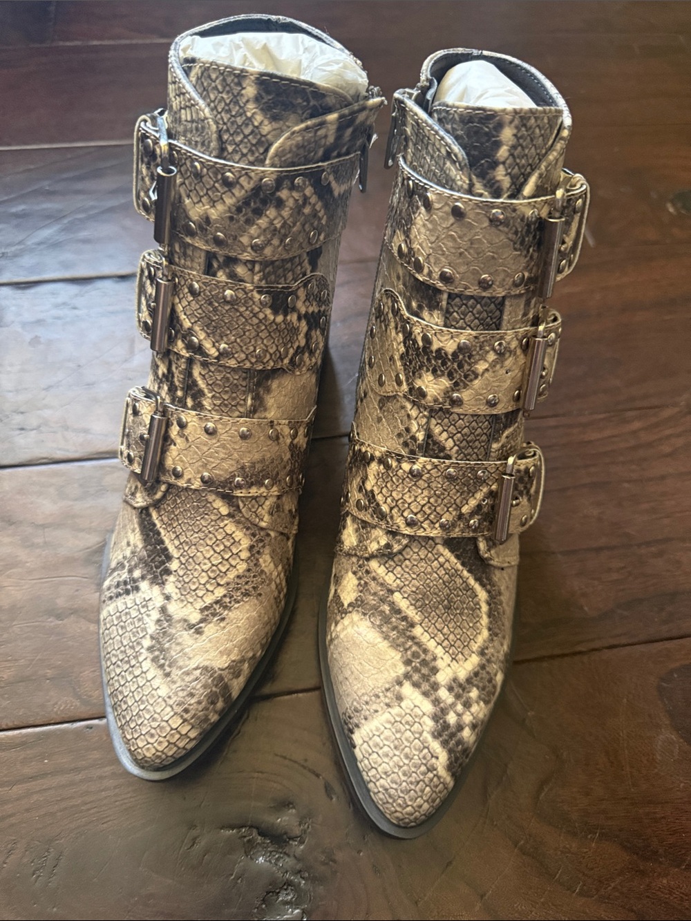 Snake Print Buckle Ankle Boots - Women
